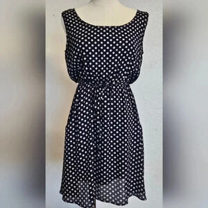 SM Wardrobe Womans Navy Blue Tan Polka Dot A-line Midi Career Party Dress Pocket